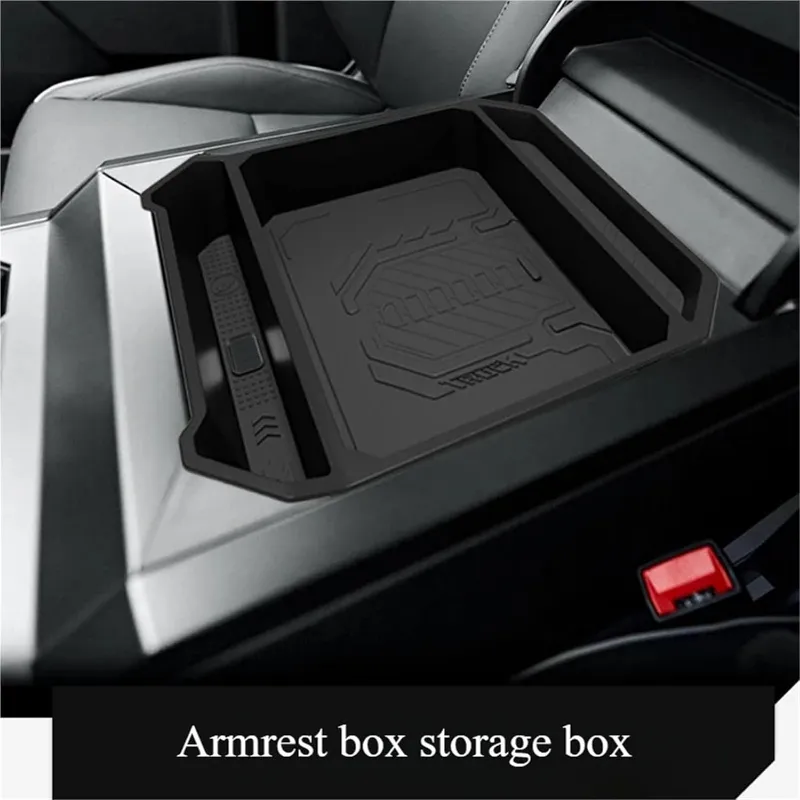 Tesstudio Black Center Armrest Storage Box for Tesla Cybertruck showing multi-zone organizer insert
