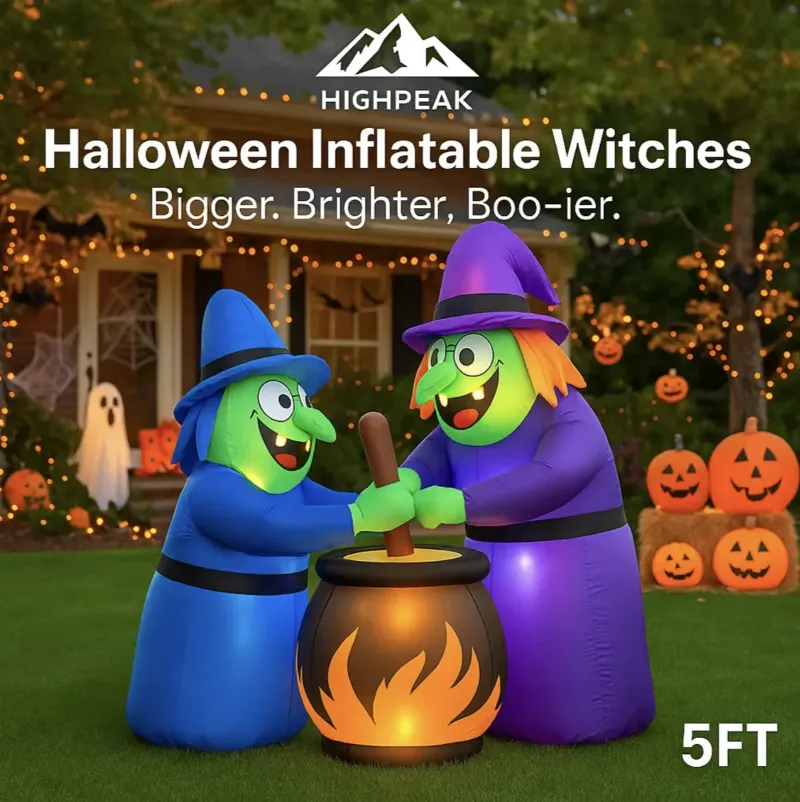 HighPeak 5ft Halloween Inflatable Witches glowing with LEDs beside a bubbling cauldron in a yard