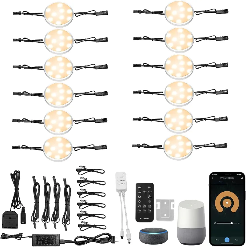 AIBOO 12 Pack Smart Under Cabinet Lights Plug in 12V Warm LED Puck Lights with Remote and Alexa compatible