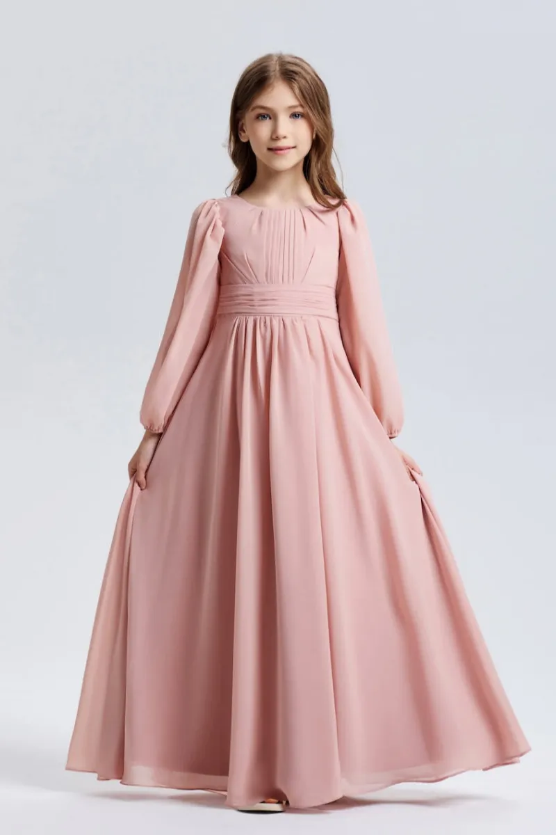 Wehilion Graceful Pleated Chiffon Flower Girl Dress shown as a floor-length chiffon gown