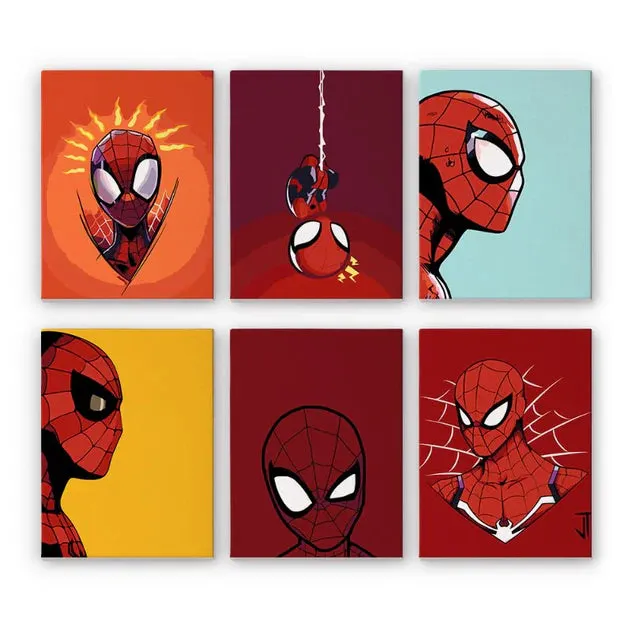 Maikoo Art 6 Mini Paintings Superhero Set showing six small superhero paint by numbers canvases