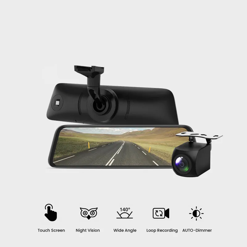 AUTO-VOX T9 1080P full touch screen backup camera and dashcam mounted as rearview mirror