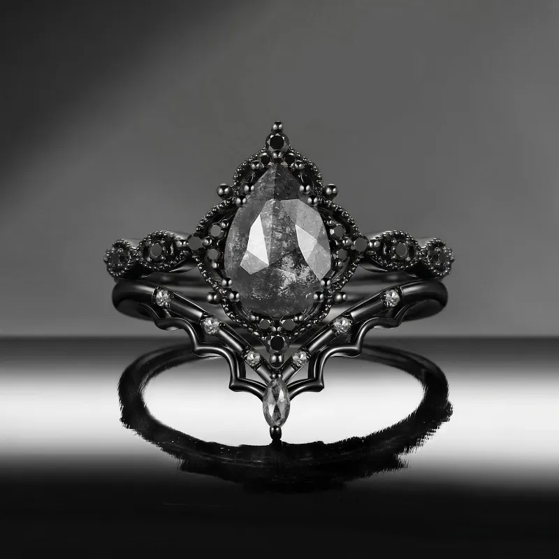 Starlandus 'Bat's Whisper' Gothic Pear Salt & Pepper Diamond Alternative Bridal Engagement Ring Set with Bat Wings in Black Gold