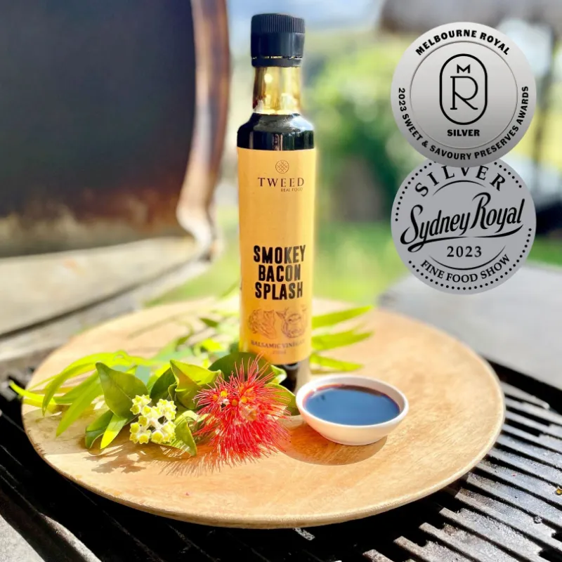 Tweed Real Food Smokey Bacon Splash Balsamic Vinegar limited edition bottle with sticky smoky bacon flavour