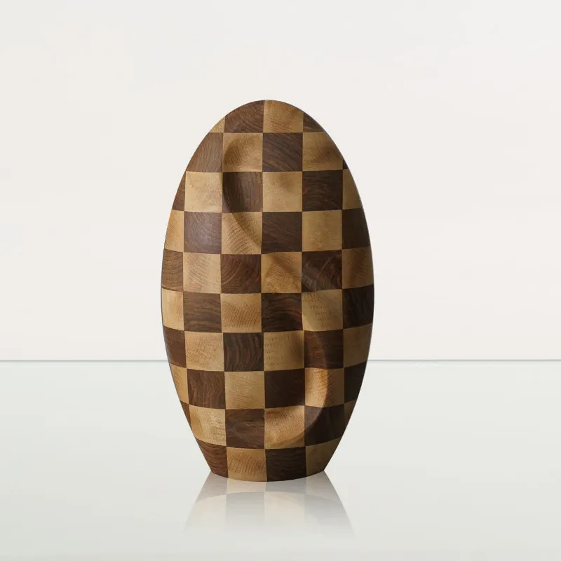 Pulvis Art Urns Checked Wooden Urn Eternity in walnut and beech with infinity symbol design
