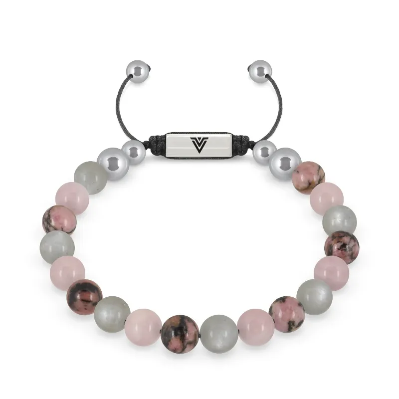 VOLTLIN Cancer Zodiac Shambala Bracelet featuring Moonstone, Rose Quartz, and Rhodonite beads on black cord