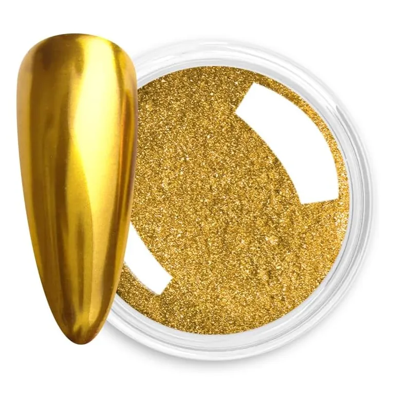 Tuesday in Love Gold Chrome Powder shown with applicator and mirror finish nail effect