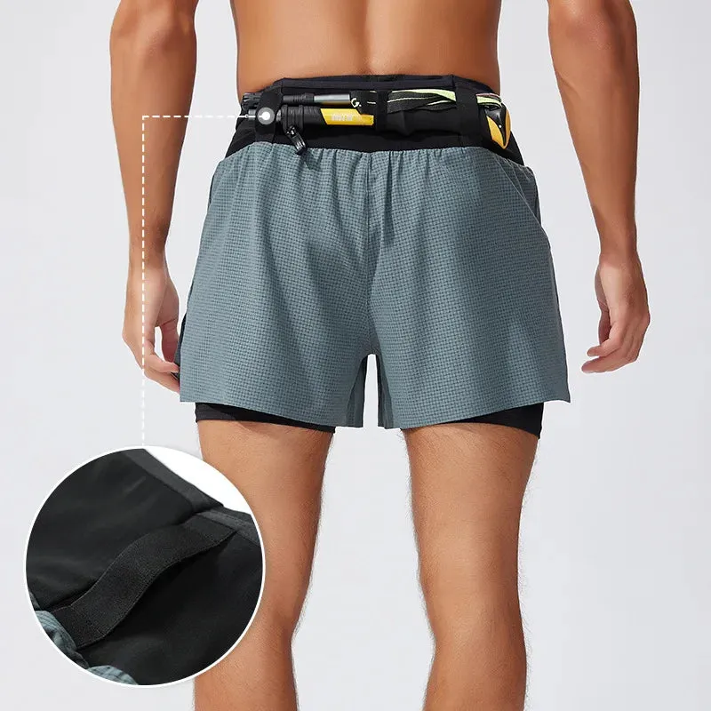 PUPU Sports Men's 2-in-1 Double Layer Running Shorts Quick Dry Breathable Gym Workout Shorts on model