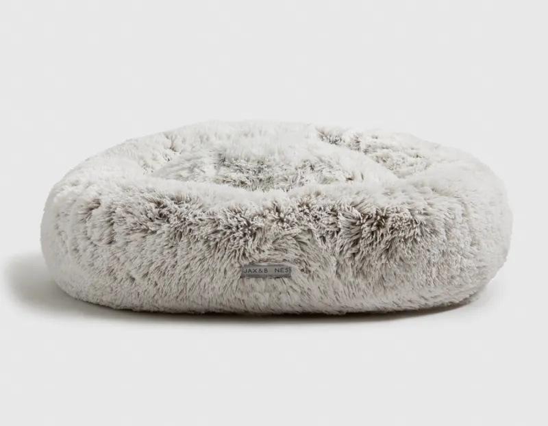 Found My Animal Arctic Shag Donut Bed with overstuffed sides in white shag fabric