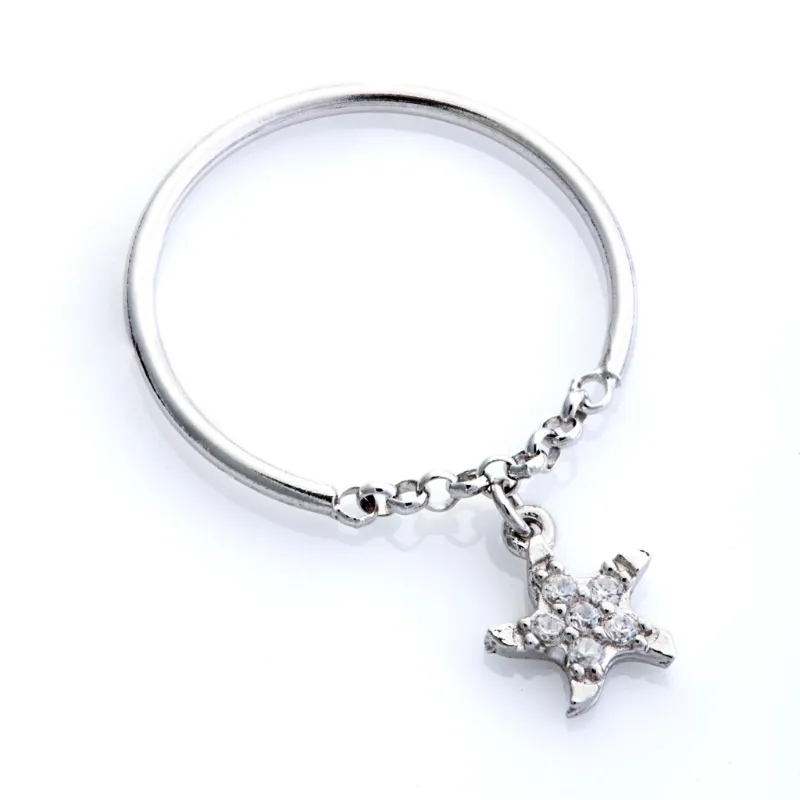 Amorium Jewelry Delicate Simple Star Chain Ring in Sterling Silver, delicate star charm with crystals on chain