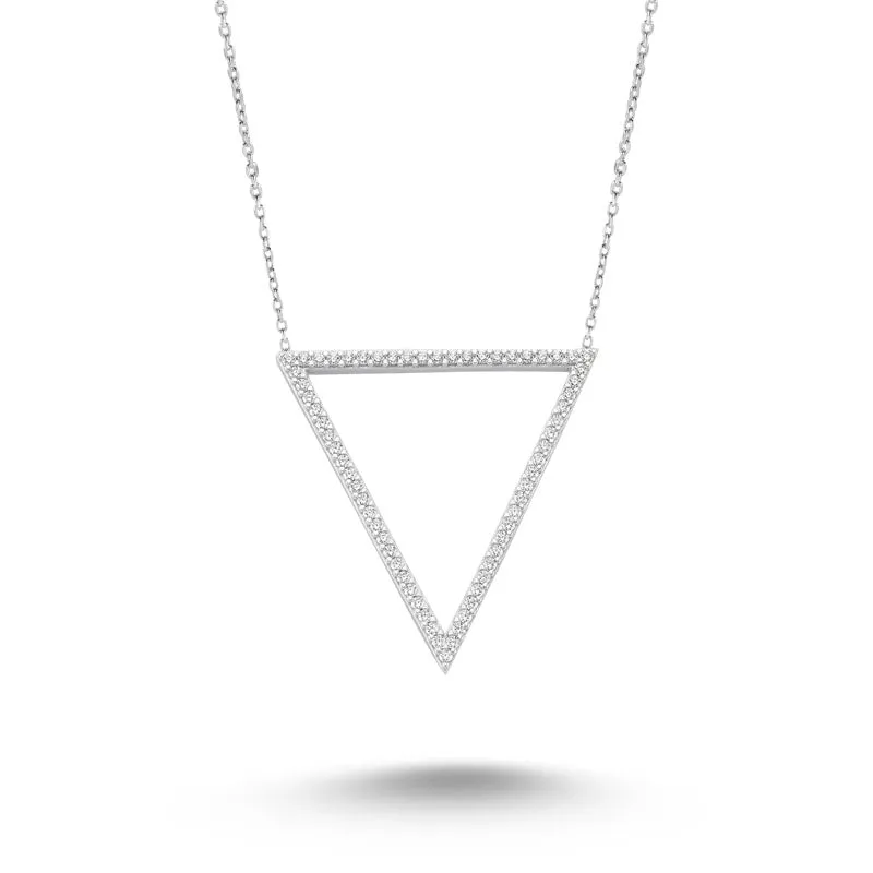 Amorium Jewelry Dainty Silver White Triangle Pendant Necklace, geometric triangle pendant with white crystal sparkle