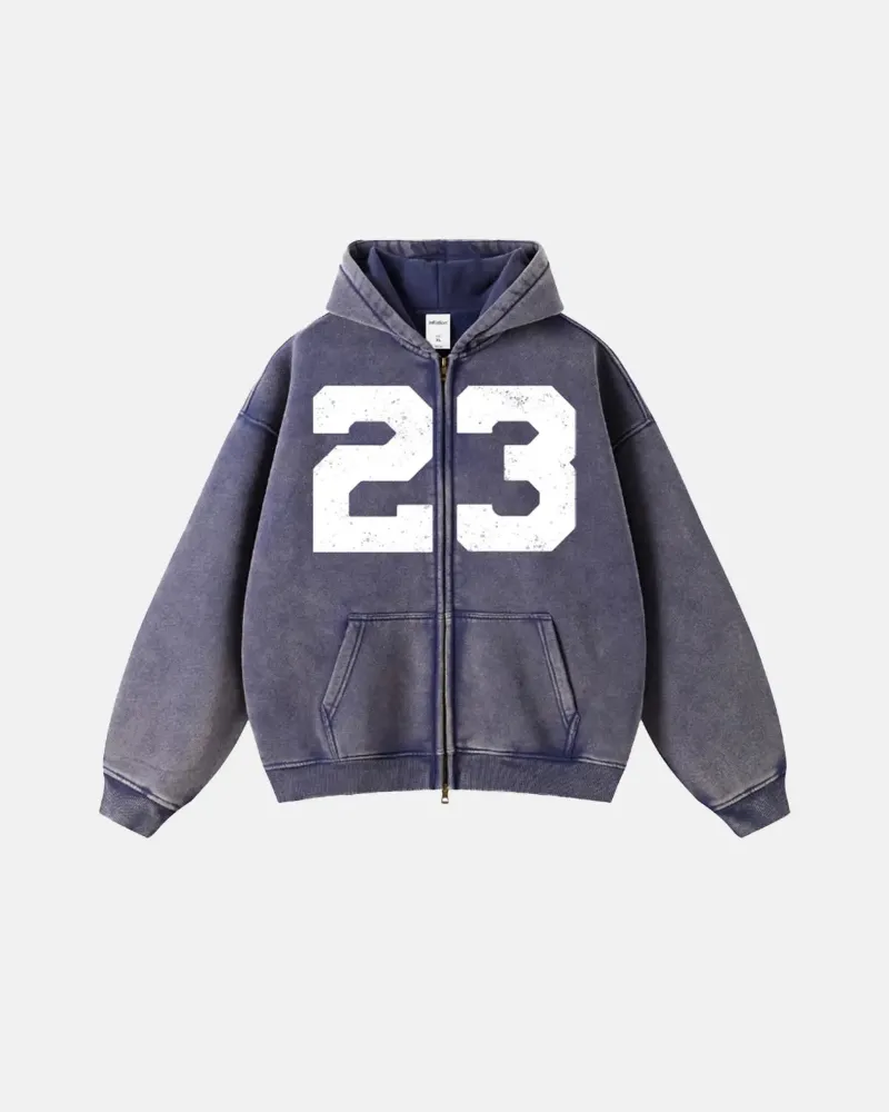 INFLATION 23 washed zip up hoodie in distressed blue with full zip front