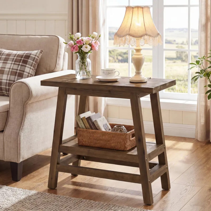 2-Tier Small Side Table, Farmhouse Rectangular Nightstand for Living Room, Bedroom