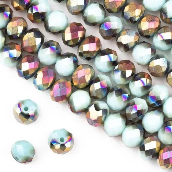 Cherry Tree Beads faceted rondelle crystal beads in hot pink, copper and seafoam blue on a 15.5 inch strand