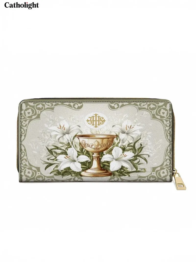 Catholight The Holy Eucharist Leather Wallet Purse with chalice and lily design