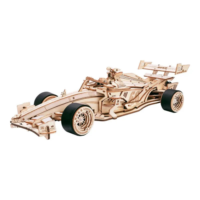 Varvikas 3D Wooden Mechanical Puzzle Kit, Racing Car (RK024e) with detailed wooden chassis and spoked wheels