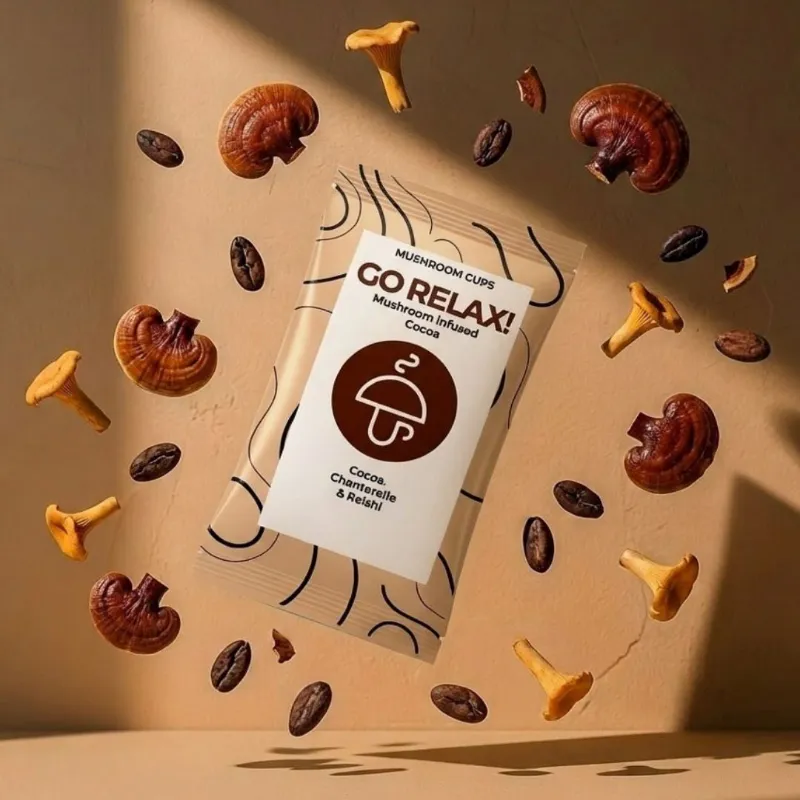 Mushroom Cups Go Relax organic cocoa with Chanterelle and Reishi packaging