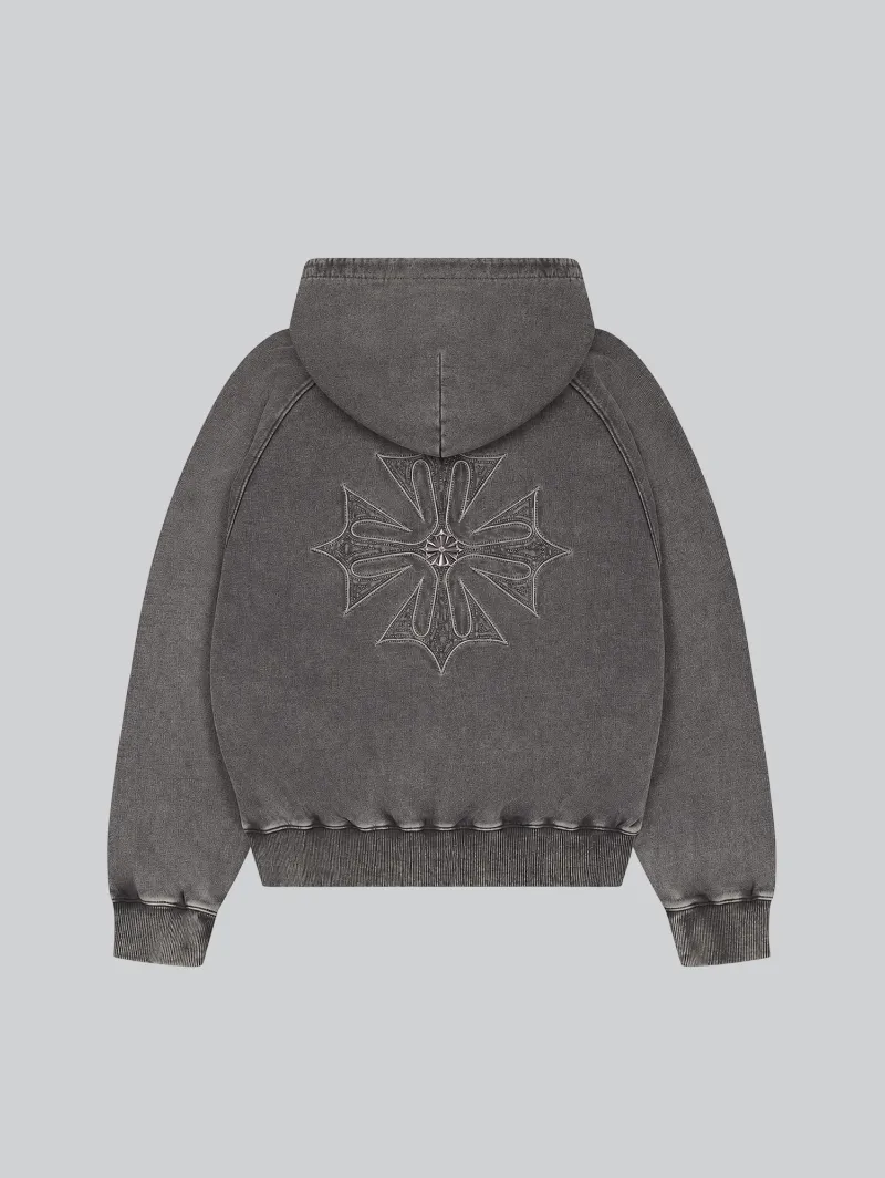ARNTREAL Relic Grey Zip Hoodie in washed grey cotton fleece with metal cross logo