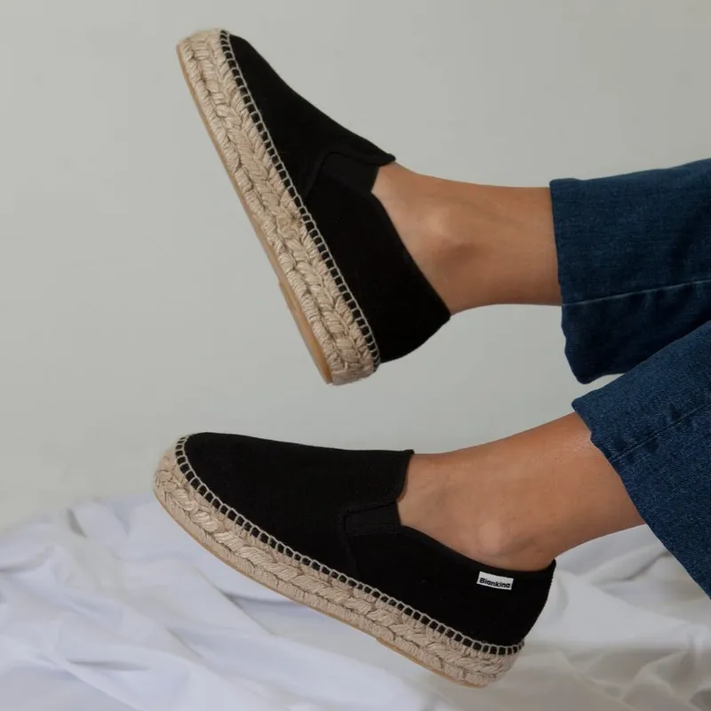 BIANKINA Palma Canvas Espadrille Platform Slip On in black, showing lightweight slip-on platform espadrille