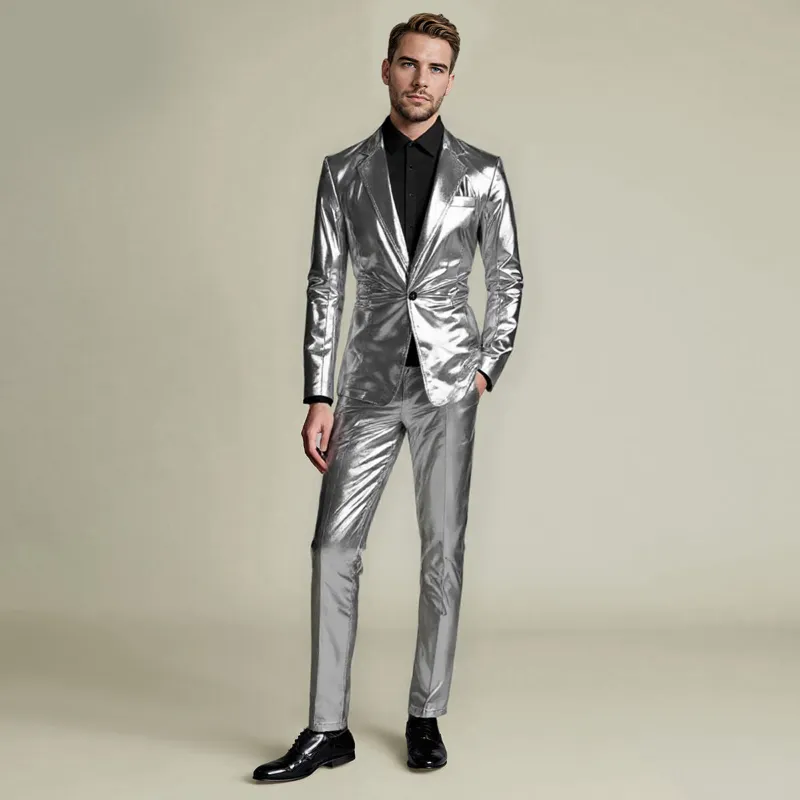 Cloudstyle A11 Series 2-Piece Solid Color Stand Collar One-Button Glitter Suit Silver