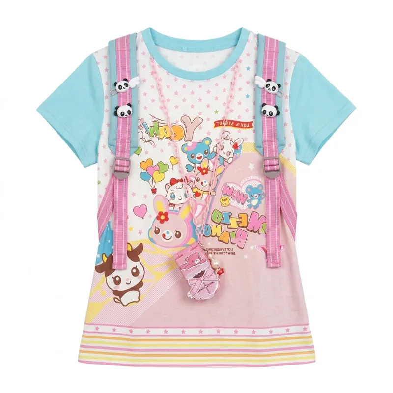 Shoptery Decora Kawaii Pastel Backpack Print Graphic Tee with Charms showing the cropped anime-style print