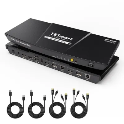 TESmart Refurbished 2 Port Dual Monitor KVM Switch Kit HDMI+DP 4K60Hz with EDID, desktop unit