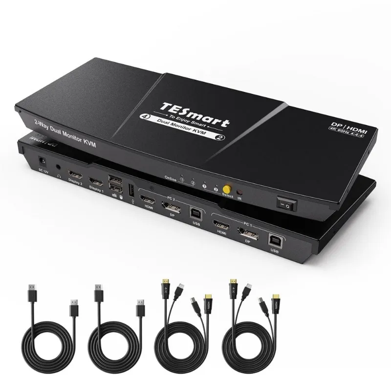 TESmart Refurbished 2 Port Dual Monitor KVM Switch Kit HDMI+DP 4K60Hz with EDID, desktop unit