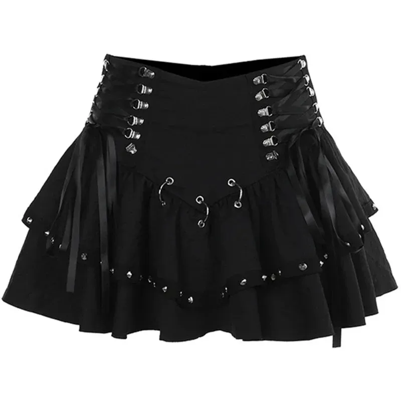 Shoptery Jirai Kei Black Layered Ruffle Mini Skirt with Studs and Lace-Up bandage detailing