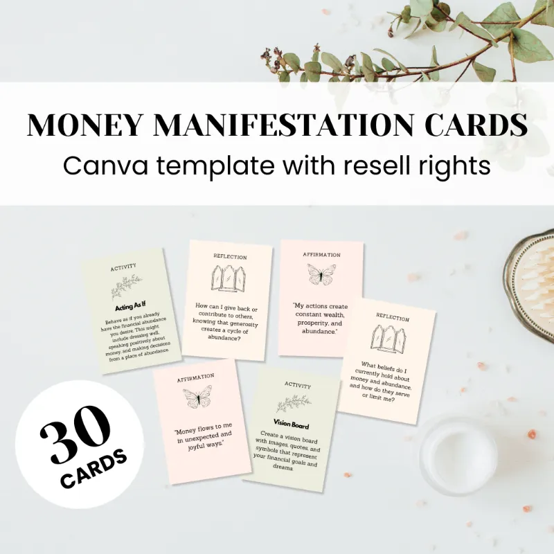 Purpose PLR Money Manifestation Cards Template card designs in Canva
