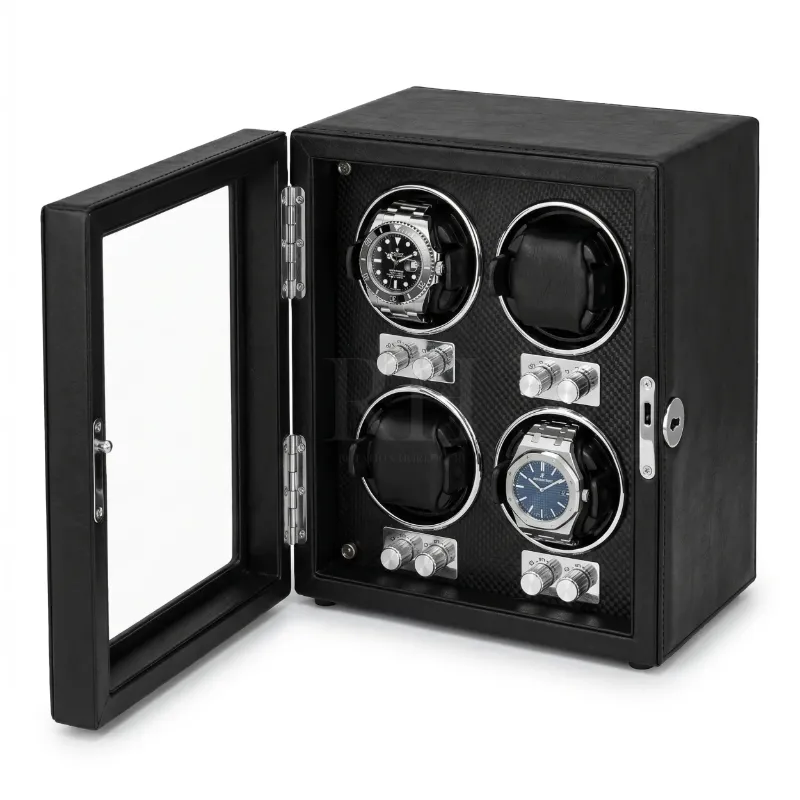 Rotation Horlogère Remontoir de Montre Quatre Temps, black wood and leather four-watch winder
