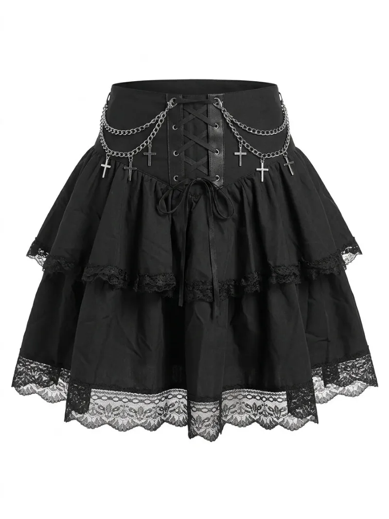 Shoptery Gothic Lolita Cross Chain Lace-Up Tiered Lace Mini Skirt in structured black with front corset detail
