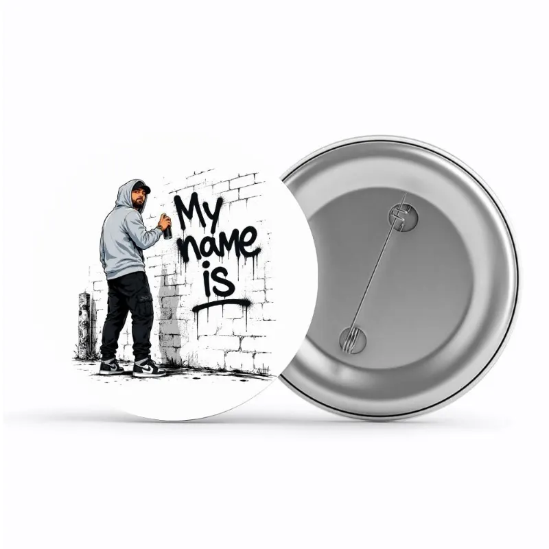 The Banyan Tee US Badge - My Name Is pin button with glossy finish on white background