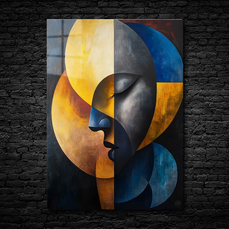 CruArt Duality in Silence metal print showing abstract geometric face split into warm and cool colors