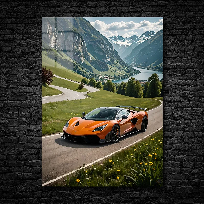 CruArt Tangerine Velocity Metal Print featuring orange supercar in Swiss Alps landscape