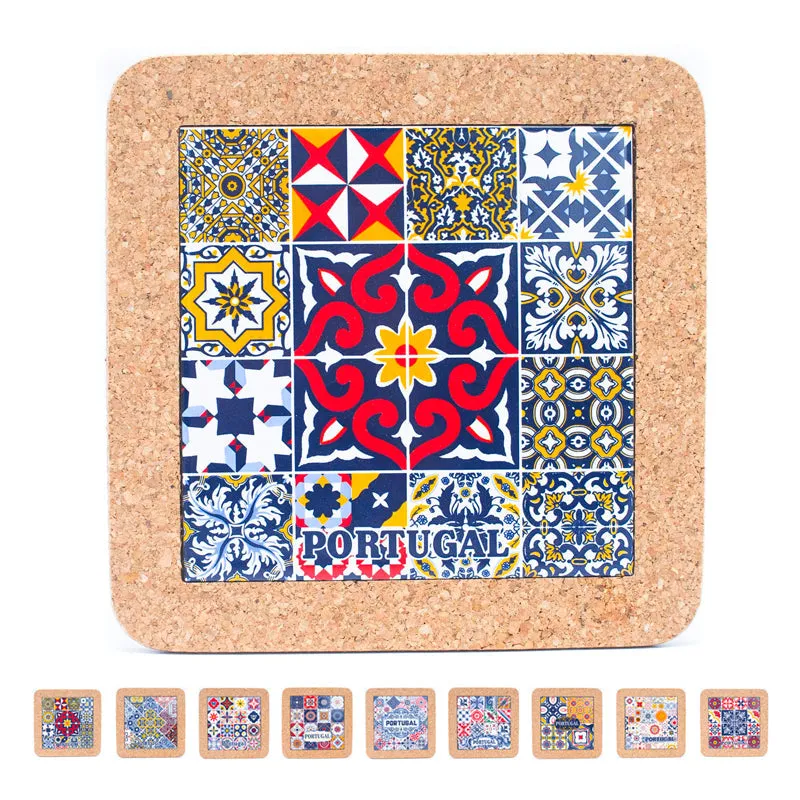 Corkadia Cork Coasters with Ceramic Ethnic Portuguese Azulejo, square tile coasters with blue and white pattern on cork base