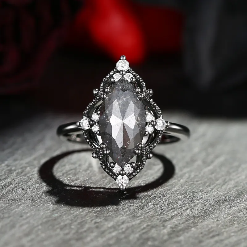 Starlandus Sofia 2.5ct 18K Salt & Pepper Diamond Vintage Marquise Engagement Ring with side stone detail