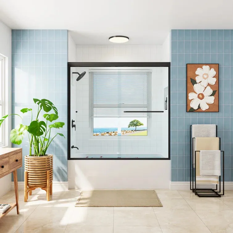 HOROW Frameless Sliding Shower Door 59 Inch Matte Black Model BE5956-MB with clear glass panels