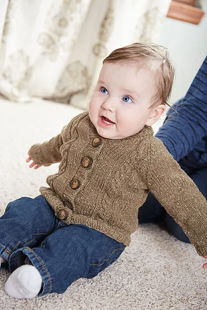 Kristen TenDyke Front Range Raglan baby cardigan knitting pattern showing seamless raglan construction in wool cotton blend