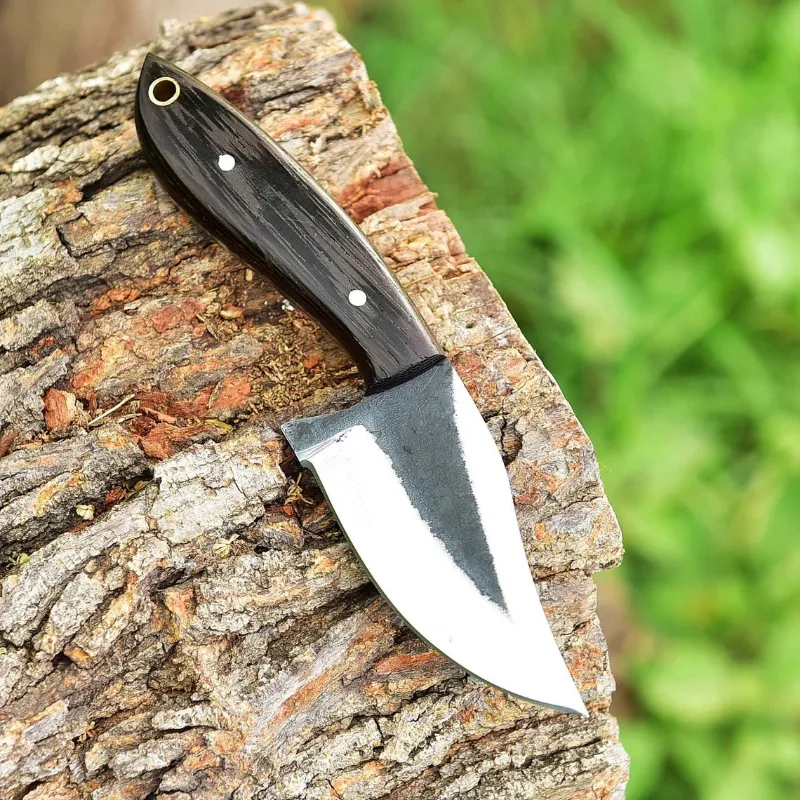 MyHackerTech custom handmade 1095 forged steel skinning knife with wenge wood handle and leather sheath