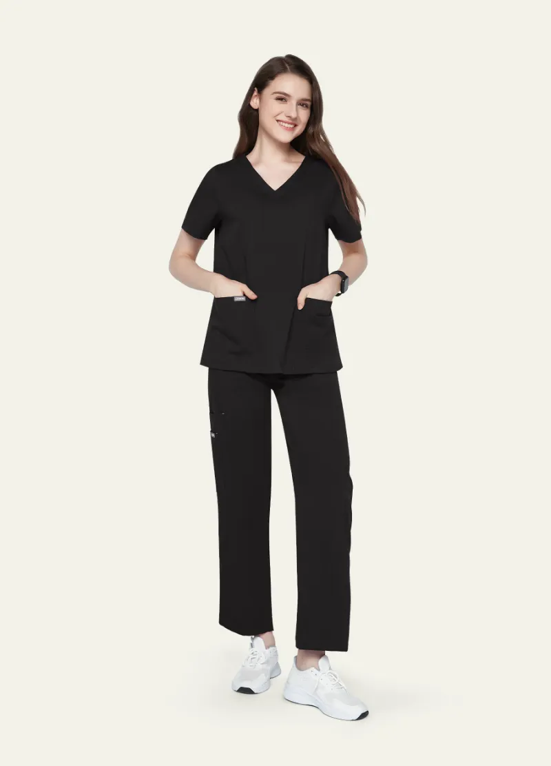 COMENII StyleFlex 10-Pocket Essential Scrub Set in Black, front view showing V-neck top and cargo pants
