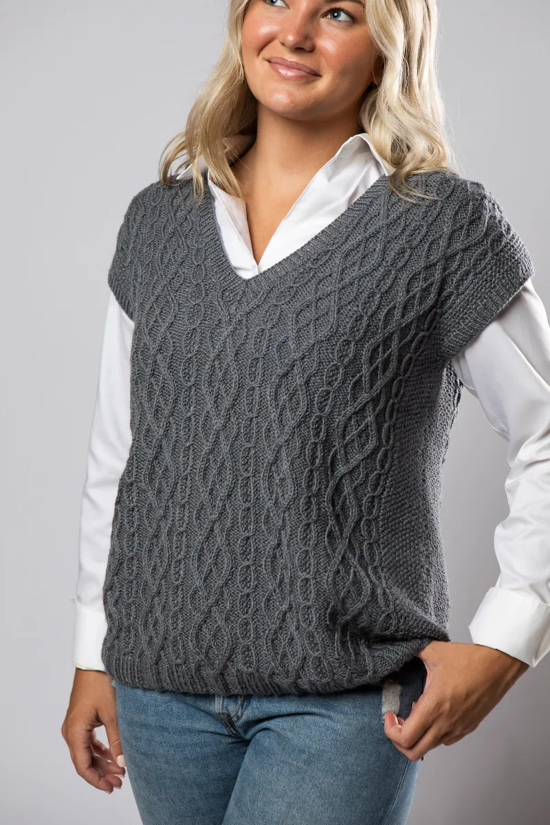 Kristen TenDyke Diamonds and Pearls Vest knitting pattern with cable detail