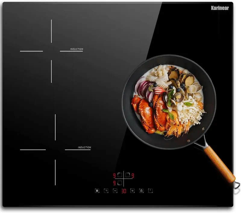 Karinear 60cm Built-in 3 Zone Electric Hob, black ceramic glass cooktop with three heating zones and slider controls