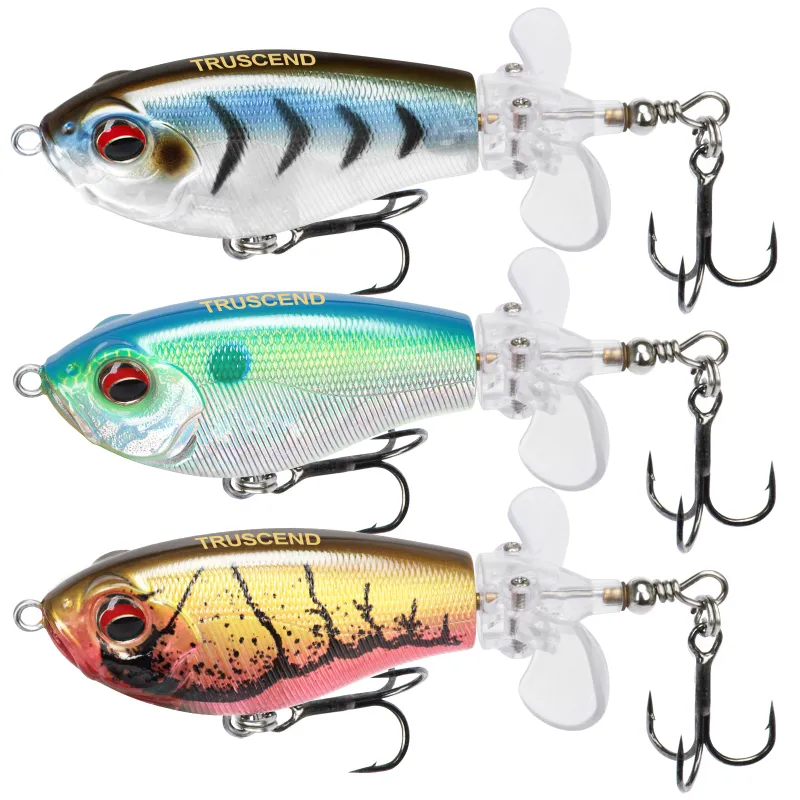 Truscend Fishing PoPobait topwater plopper fishing lure with double-blade tail and BKK hooks