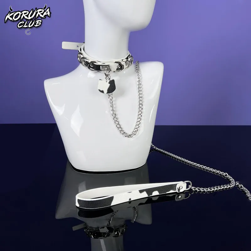 Koruraclub Cow-Print Pet Collar with Leash KH18 black and white leather accessory