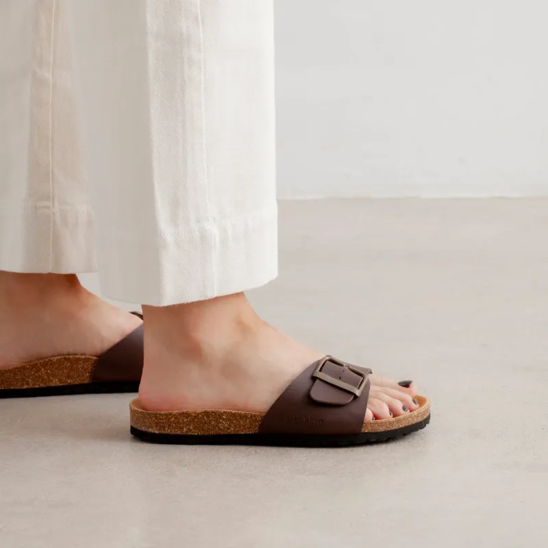 BIANKINA Cordoba Vegan Leather Slide Cork Sandal in Brown, adjustable buckle sandal with cork sole