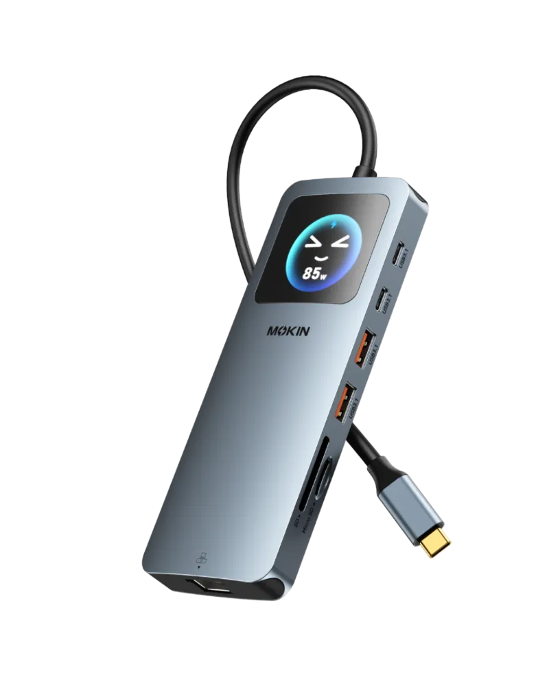 MOKiN 12-in-1 USB-C Docking Station for Dual Monitors with Smart LCD showing multiple ports and LCD screen