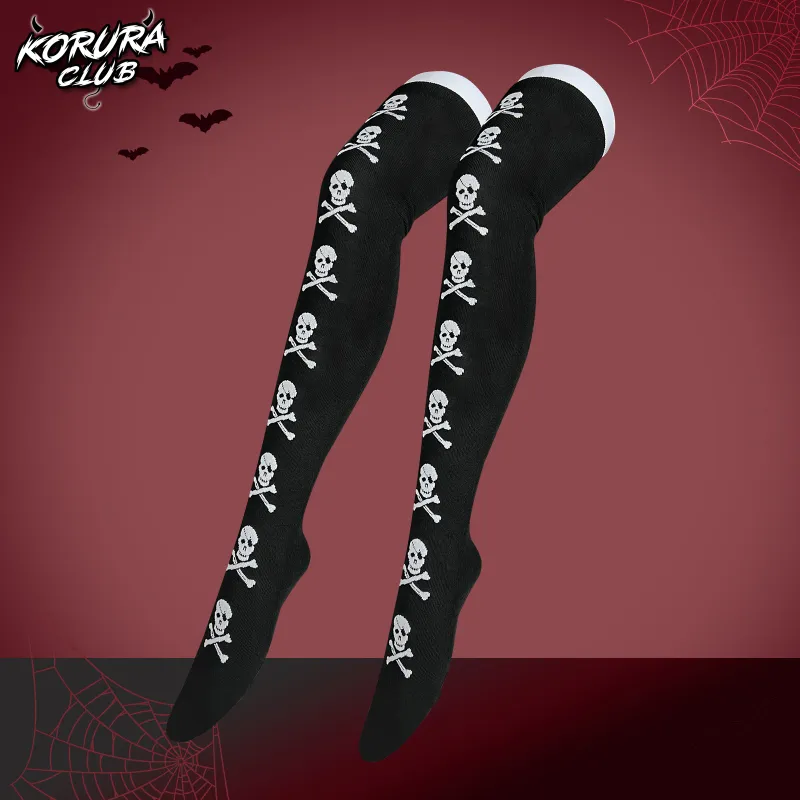 Koruraclub Halloween Knit Thigh-High Socks KS10 black knit thigh-highs with Halloween patterns