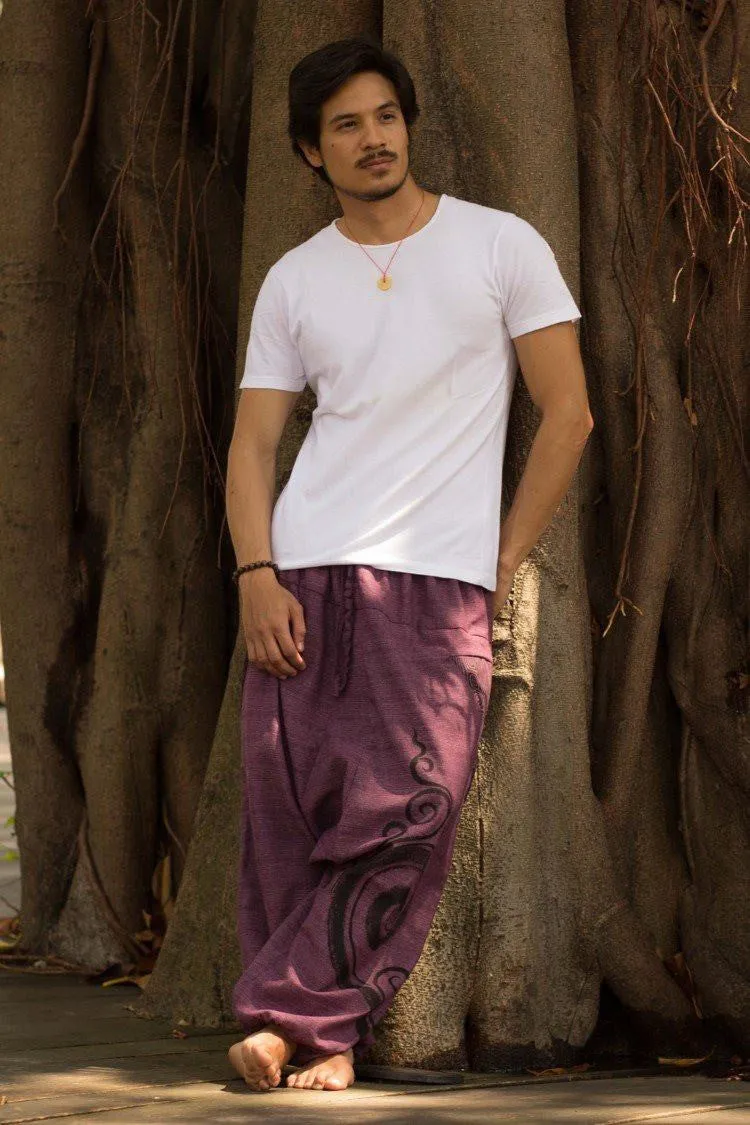 Hippie Pants Purple Tribal Pants, asymmetric swirl pattern low-crotch cut, front view