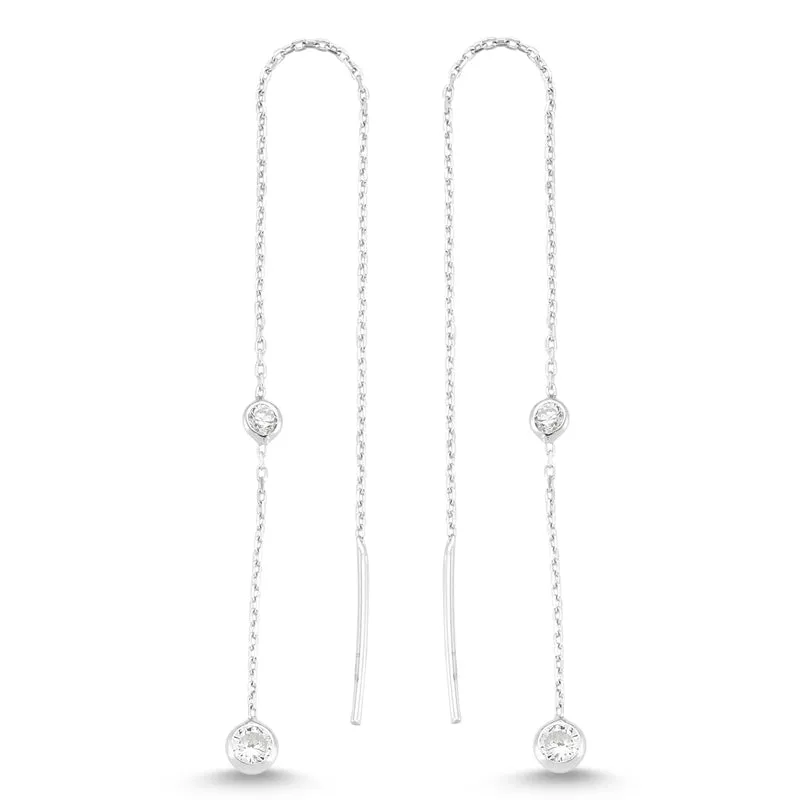 Amorium Jewelry Dainty Diamond Minimalist Long Threader Earrings with silver chain and CZ crystal