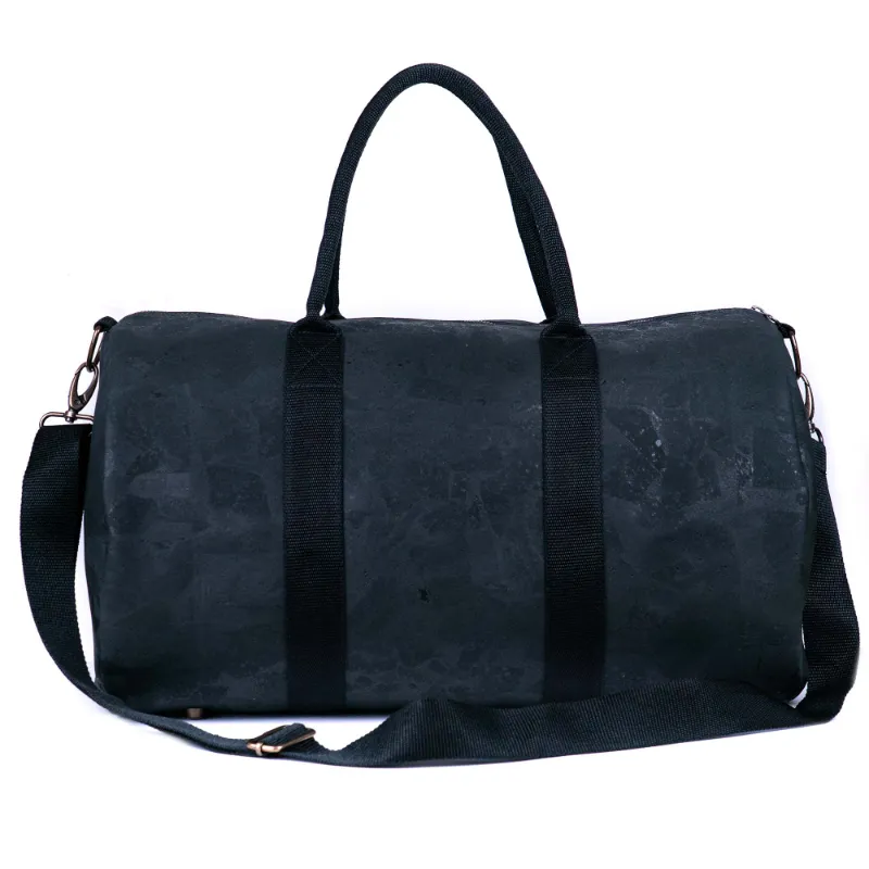 Corkadia Black Cork Travel Duffel, a black marbled cork duffel bag with black webbing handles